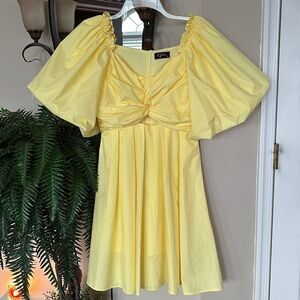 Vintage MABELL NWOT Yellow Puff Sleeves Mini Dress Cutout Gathered Ruched Spring